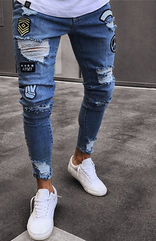 Men's Distressed Patchwork Denim Jeans