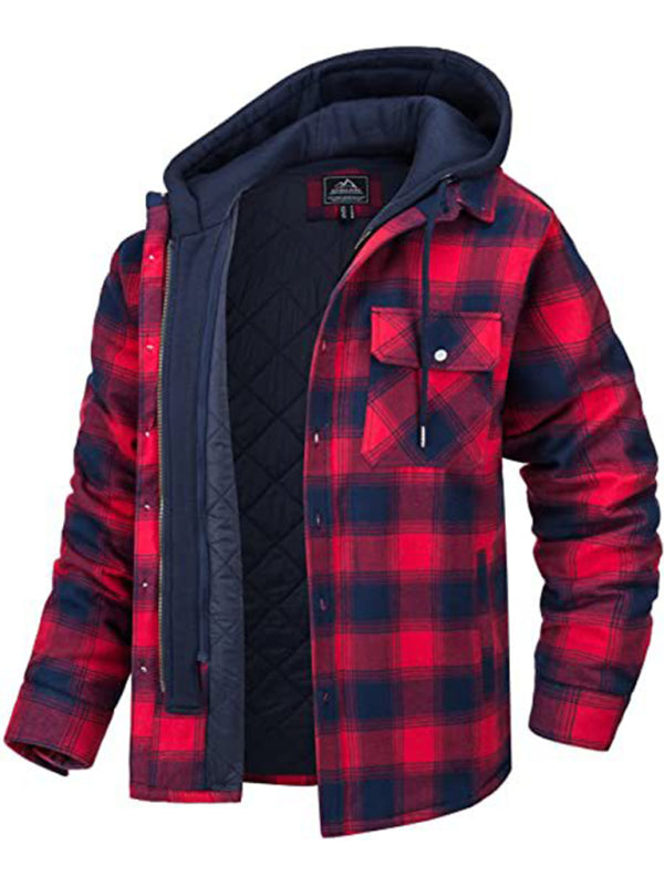Mens Padded Plaid Hooded Jacket
